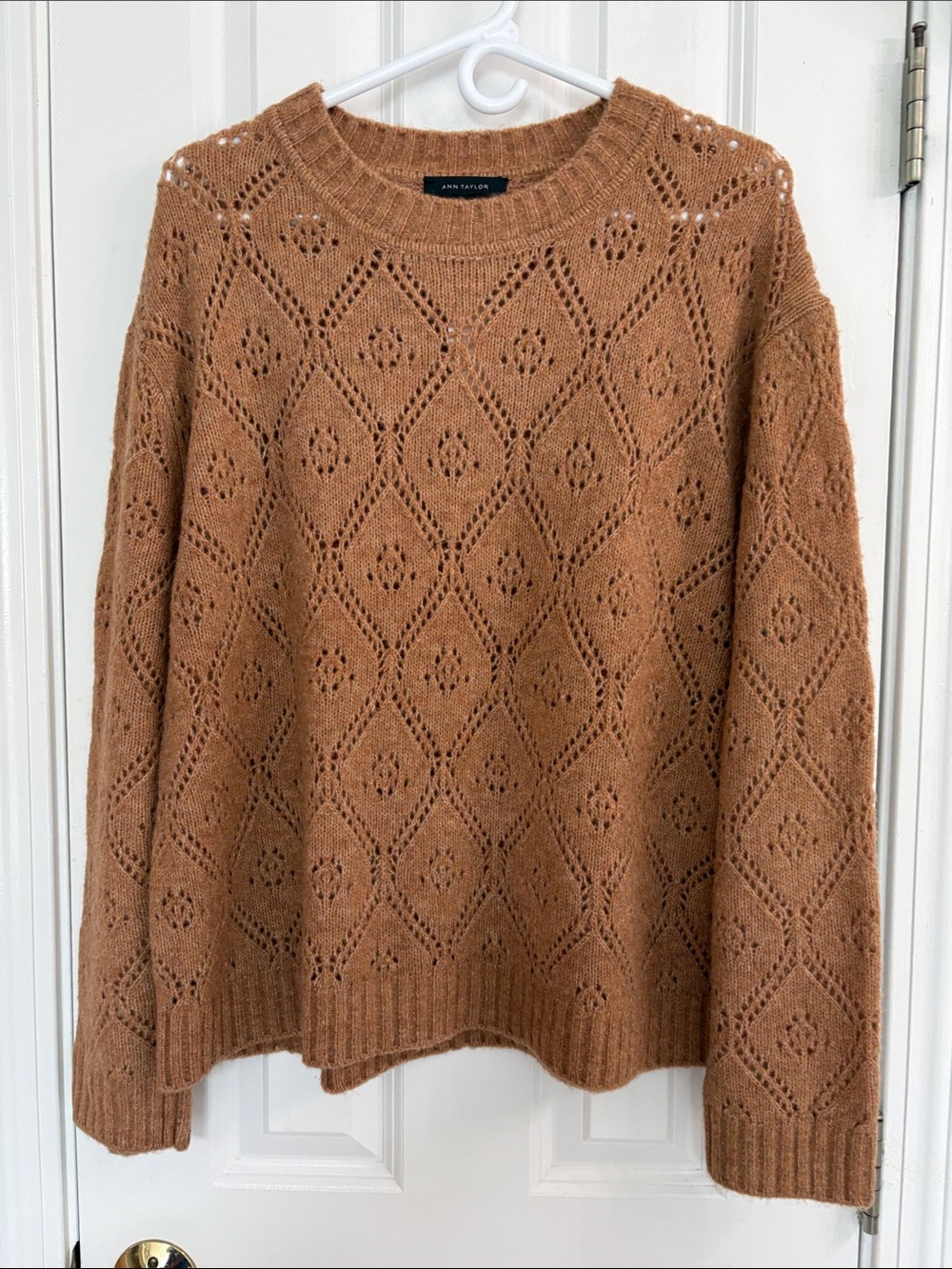 Ann Taylor Openwork Diamond Crewneck Sweater in Camel Brown with 6% Wool
